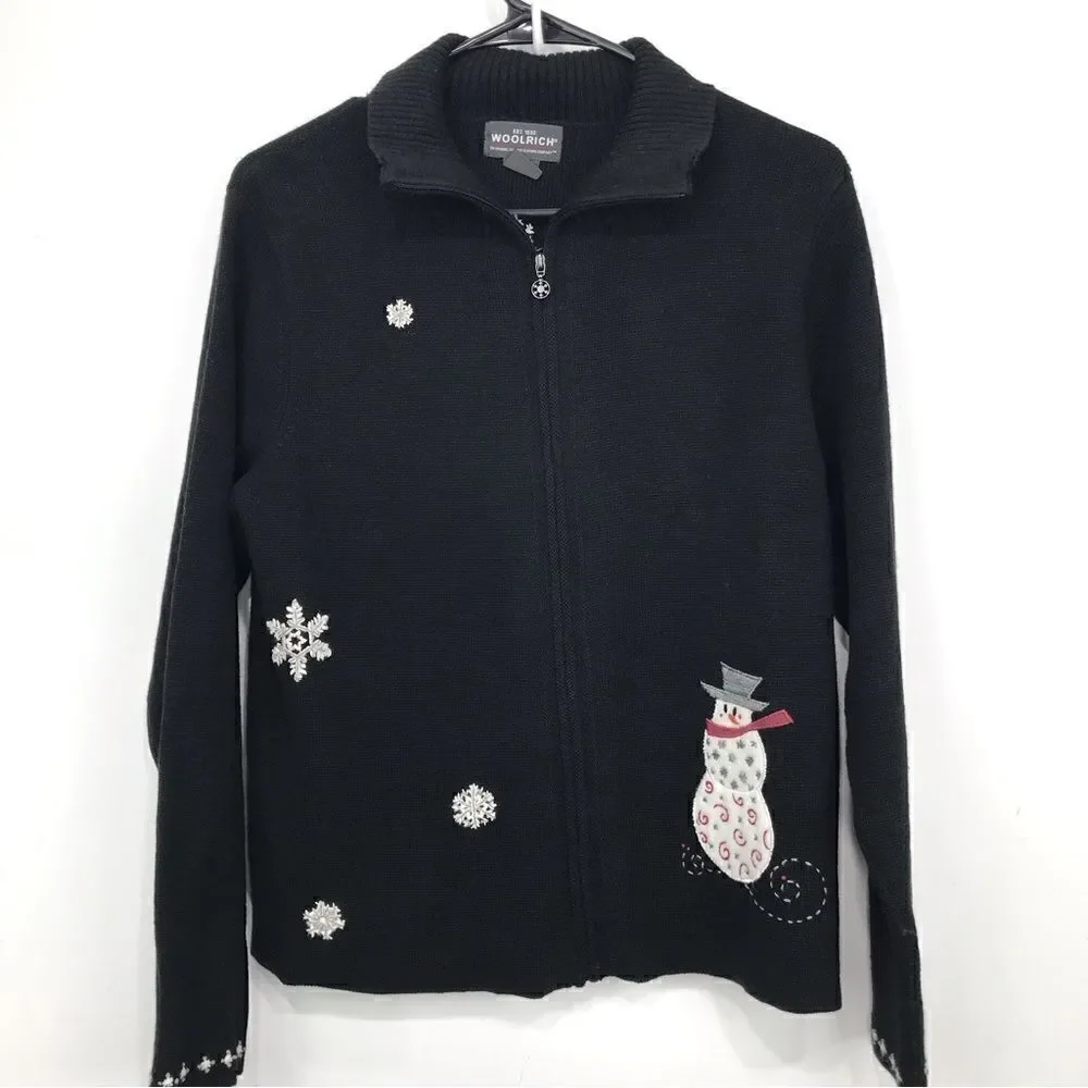 Woolrich Black Knit Snowman Snowflake Zip Up Cardigan Holiday Ski Lodge Sweater